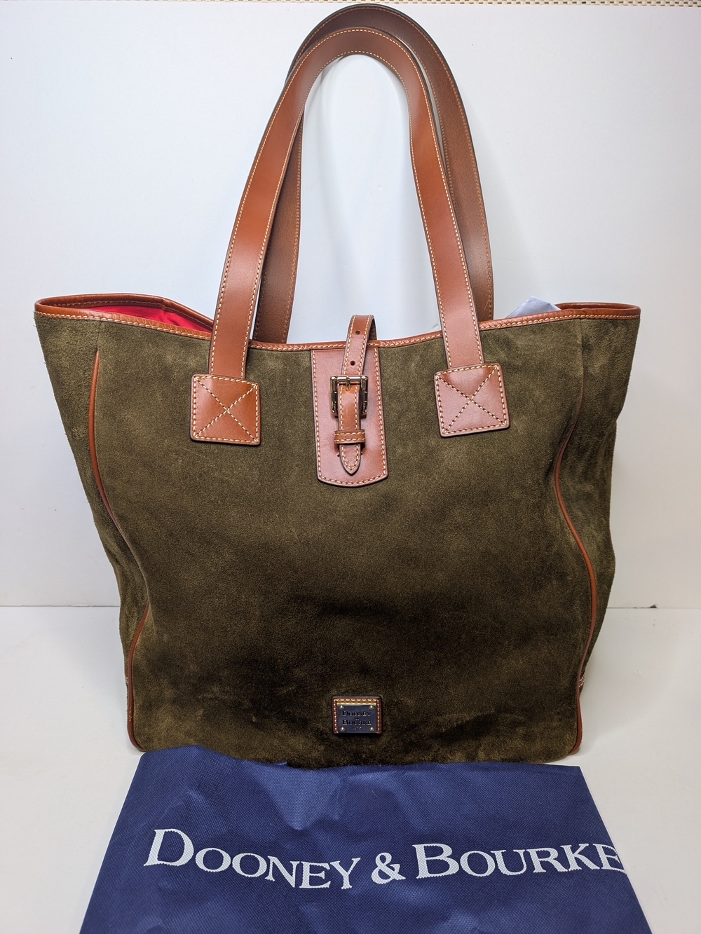 Dooney & Bourke Olive Green Suede Brown Leather Large Tote Bag W/ Dust Cover